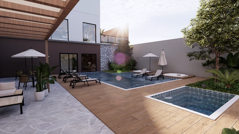 Perspectiva oficial da piscina para adultos e crianças do Rapha