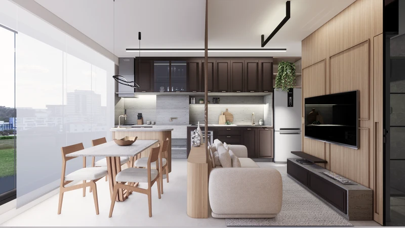 Perspectiva oficial da sala e cozinha integradas, com sugestão de decoração
